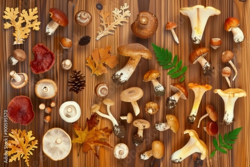 A variety of mushrooms arranged on a wooden surface.