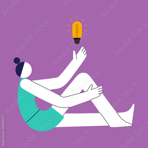 Abstract cartoon girl sitting and holding a light bulb in her hands. Inspirational motivational design