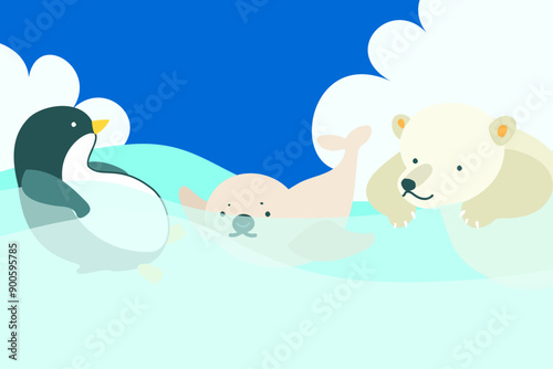 イラスト素材：夏の海で泳ぐペンギン　シロクマ　アザラシ
