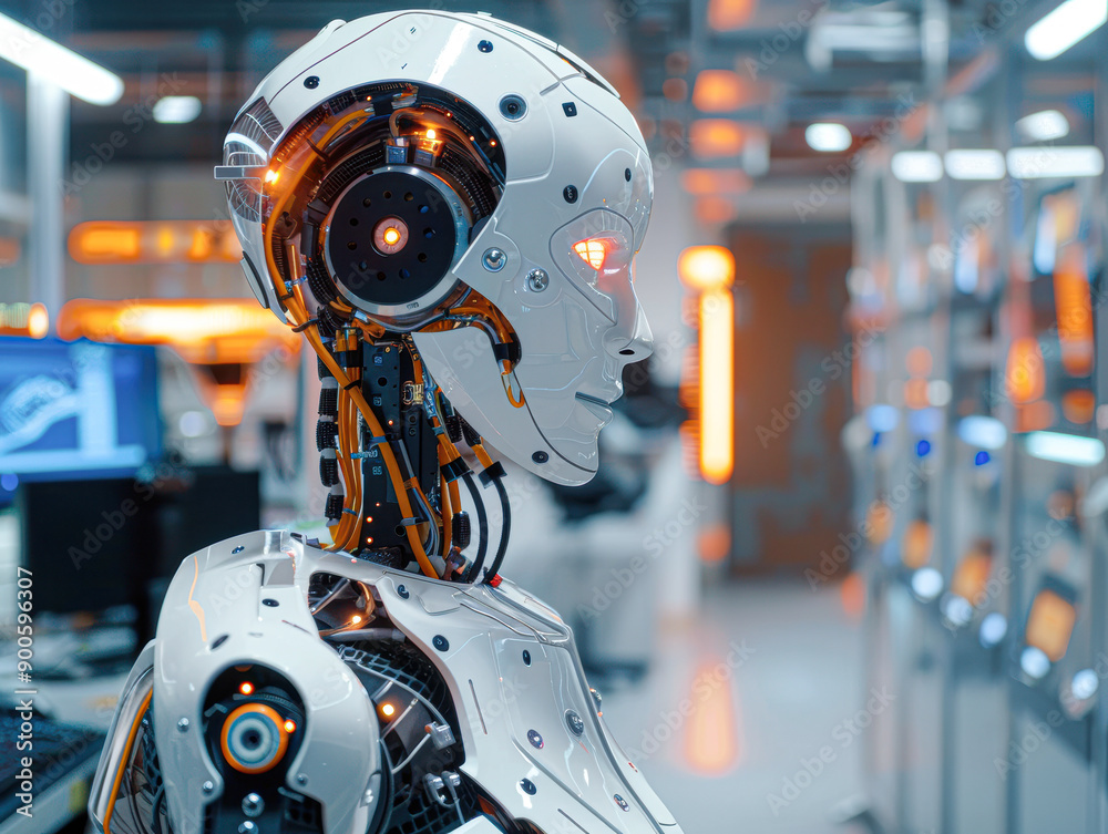 Fototapeta premium Innovative Robotics Engineer Programming Robot in High-Tech Lab