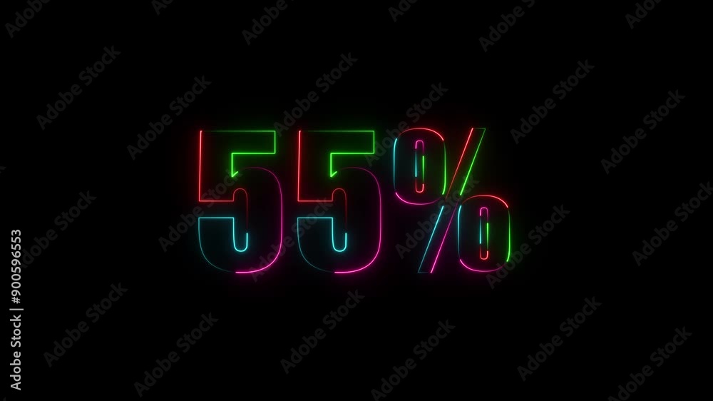 Abstract 55% percent text neon animation. Glowing neon Includes 5,10,15,20,25,30,35,40,45,50 percents limited offer animation. 55 percent off discount sale. Glow flickering sign. Abstract 55% percent text neon animation. Glowing neon Includes 5,10,15,20,25,30,35,40,45,50 percents limited offer animation. 55 percent off discount sale. Glow flickering sign.