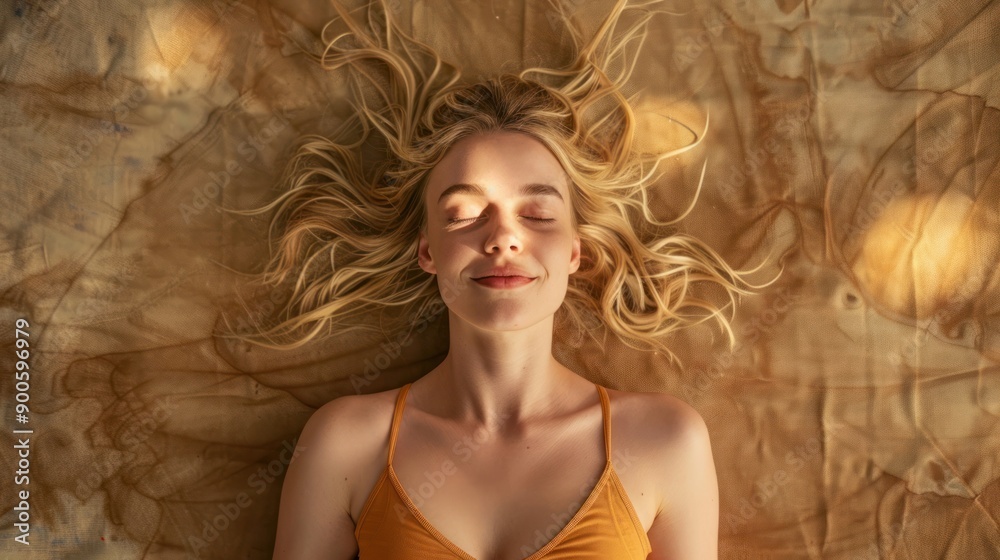 A woman with blonde hair is laying on a bed with her eyes closed A woman with blonde hair is laying on a bed with her eyes closed