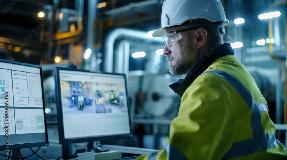 A factory safety officer monitoring the safety performance metrics on a computer screen,copy space. Generative ai illustration.