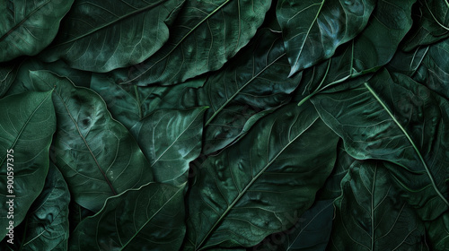 Dark Green Leaves Pattern Close-Up Showing Intricate Veins