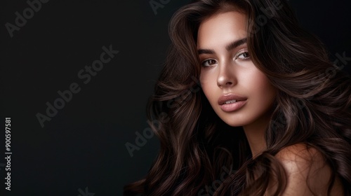 A woman with long brown hair is standing in front of a black background