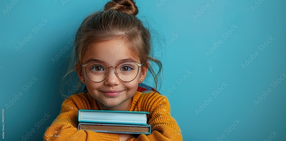Little Girl with Glasses and Books on Blue Background, Copy Space for Text, Stock Photo Contest Winner, Smiling Kid Sitting at Desk in Classroom Holding Pile of Backpacks, Dark Brown Hair Little Girl with Glasses and Books on Blue Background, Copy Space for Text, Stock Photo Contest Winner, Smiling Kid Sitting at Desk in Classroom Holding Pile of Backpacks, Dark Brown Hair