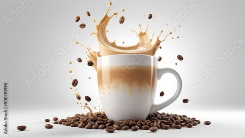 Milk latte coffee splash in mug with coffee beans on white background