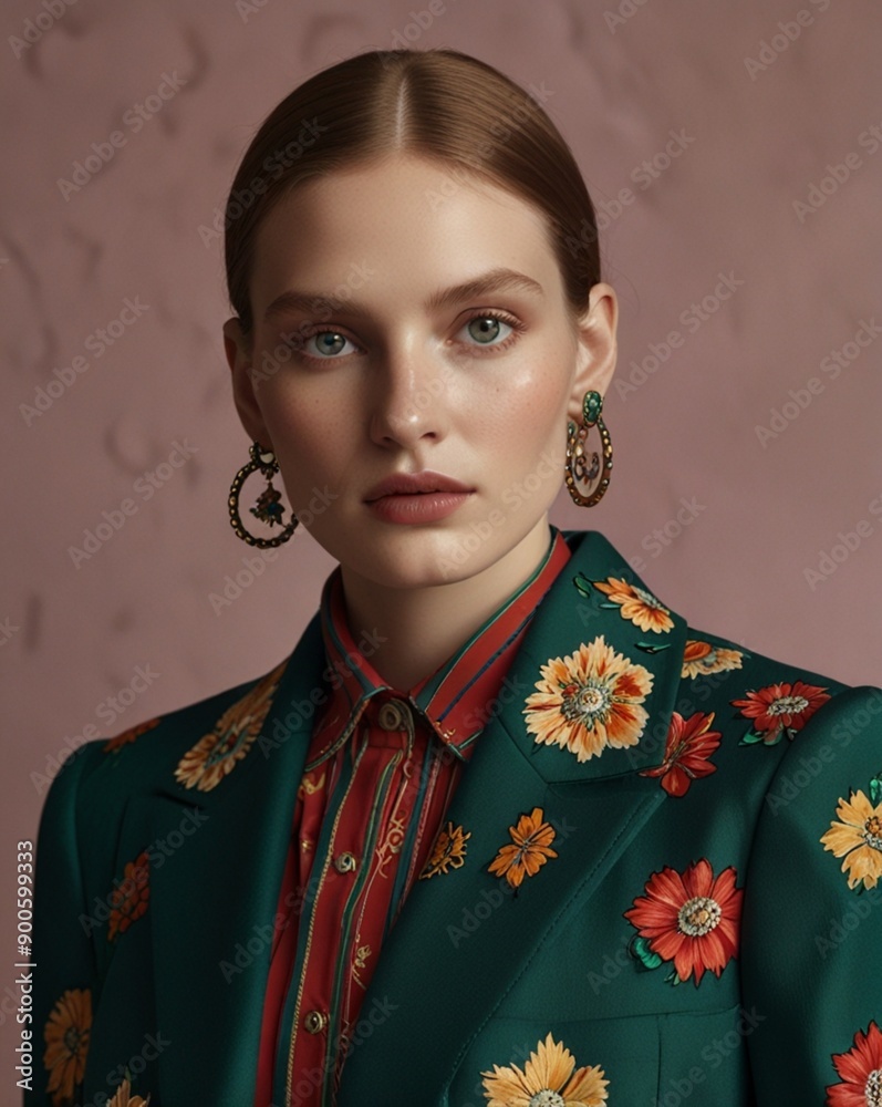 portrait of a woman
in a green jacket with a floral print portrait of a woman
in a green jacket with a floral print