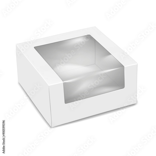 White square paper box with clear plastic window to display product. 3d mockup. Empty paperboard container packaging. Realistic vector mock-up. Cardboard bakery box template