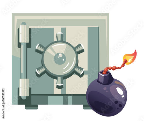 Bomb in bank safe room robbery safety storage concept. Vector flat graphic design cartoon illustration