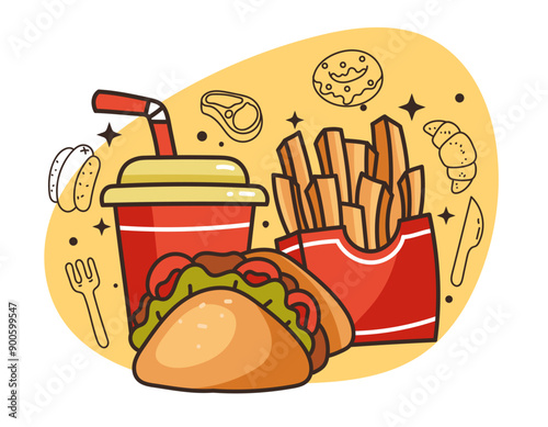 Isolated on white background set of junk fast food flat line modern style. Vector flat graphic design cartoon illustration 