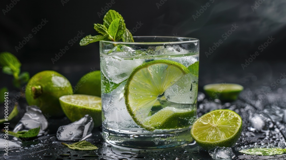 Fototapeta premium Mojito Fresh lemon water drink menu with lemon slices.