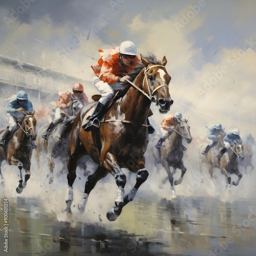 The Thrilling Chase: Thoroughbreds and Jockeys in Pursuit of Glory at A Horse Racing Event Under Cloudy Skies © Austin