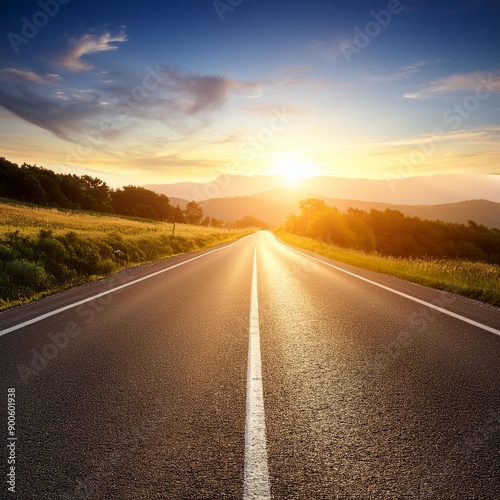 Empty long mountain road to the horizon on a sunny summer day at bright sunset with motion blur Backplate or Backdrop background Generative AI