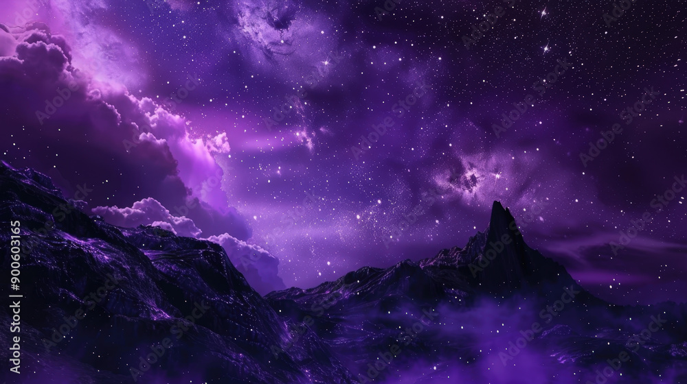 Starry Night Sky with Mountains in Purple Hue Starry Night Sky with Mountains in Purple Hue
