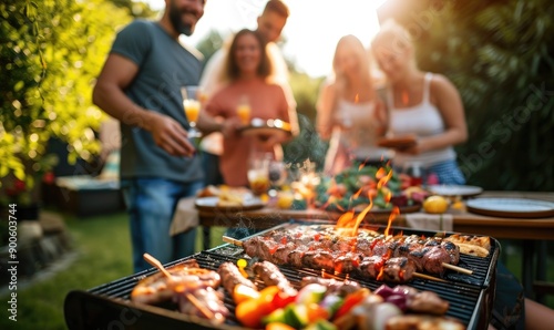 Joyful family gathering around a barbeque grill in the backyard, enjoying delicious skewers and grilled meats on a sunny day