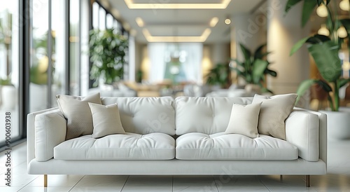 White couch in buildings living room by window, complemented by plant