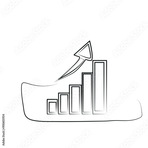Graph chart with arrow. Black continuous line icon isolated on white background. Hand drawn hologram positive percentage. Hand growth direction concept for business print design. ​​Vector illustration