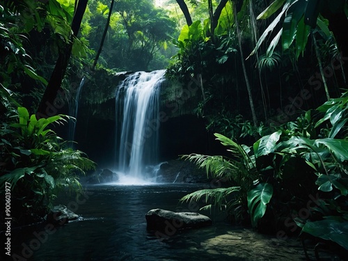 Tropical forest falls Waterfall amid dense jungle for immersive nature wallpaper - high contrast photo