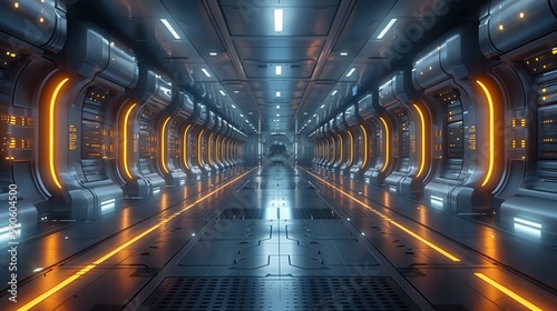 Futuristic building hallway with electric blue lights on metal walls and ceiling