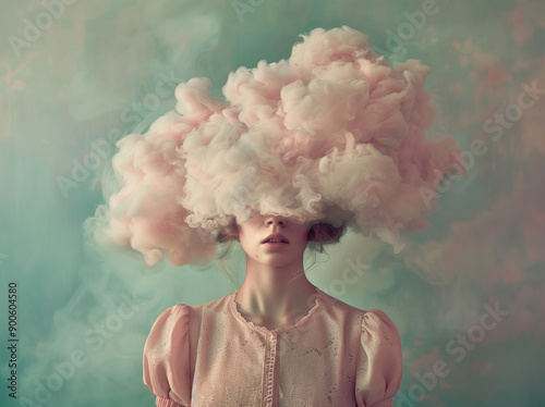 portrait of a woman with a pink cloud on her head photo