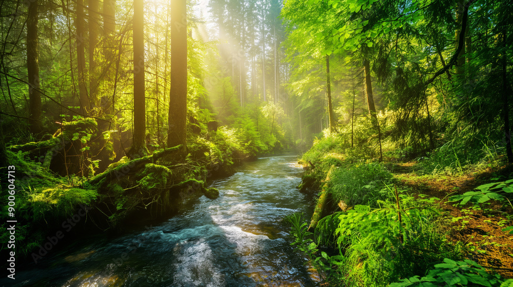 Fototapeta premium Serene Green Forest with Sunlit River: A Showcase of Natural Beauty and Sustainability