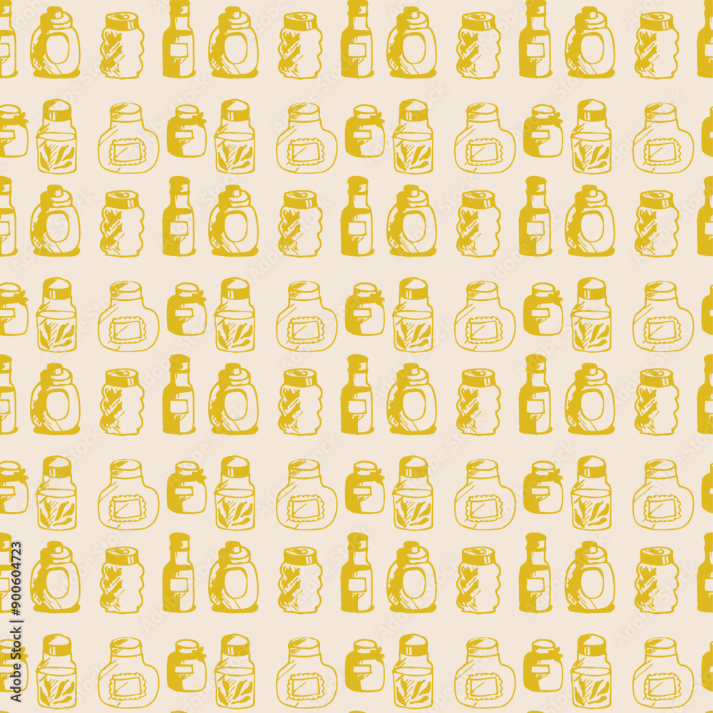 Seamless print pattern with jars and bottles with different food kitchen wallpaper background for textile, paper	
