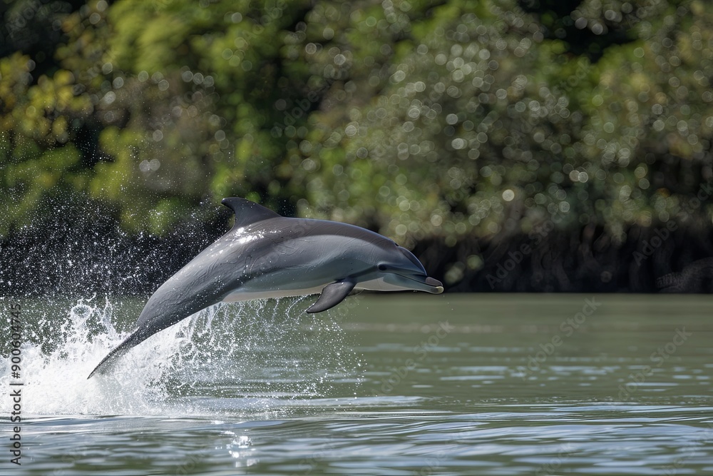 Fototapeta premium Dolphin Joyfully Leaping Through the Clear Water in a Calm Coastal Environment