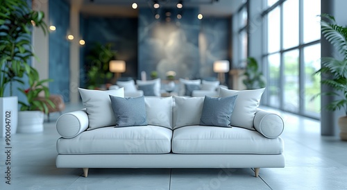 Living room with white couch and many windows, creating a lightfilled space