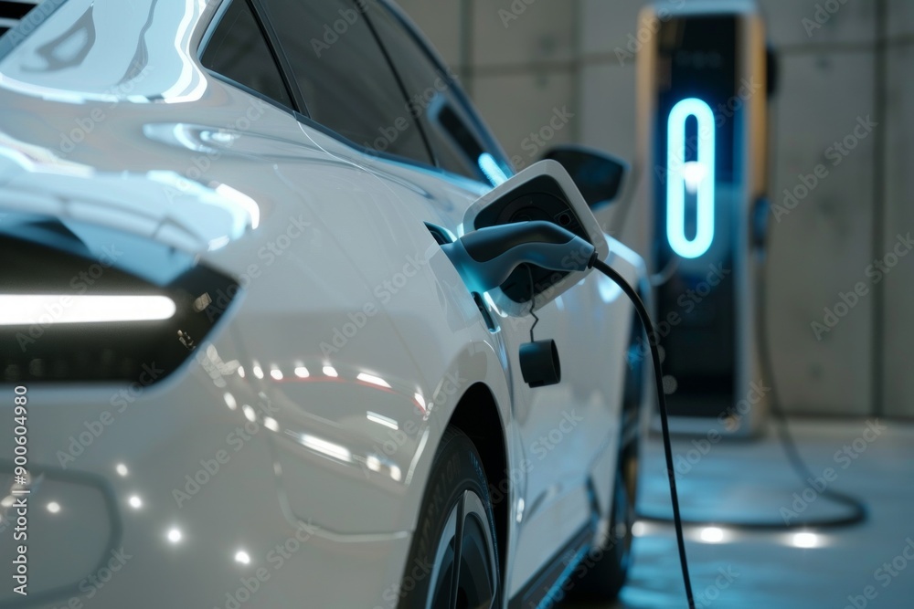 Naklejka premium EV car in charge Close-up detail