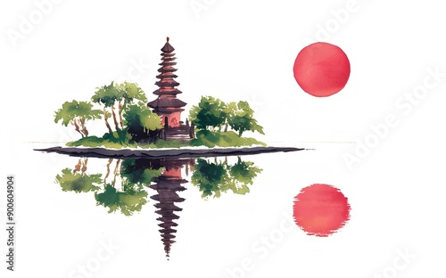 Tranquil Japanese Watercolor Landscape photo