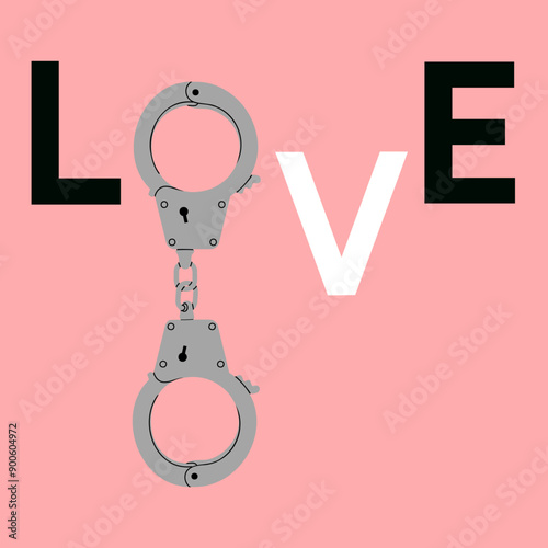 The word Love with handcuffs on a pink background. Love addiction concept. Vector flat design