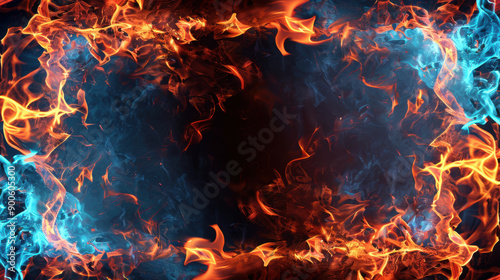 A rectangular frame made of intertwining blue and red flames, glowing brightly and creating an intense fiery border