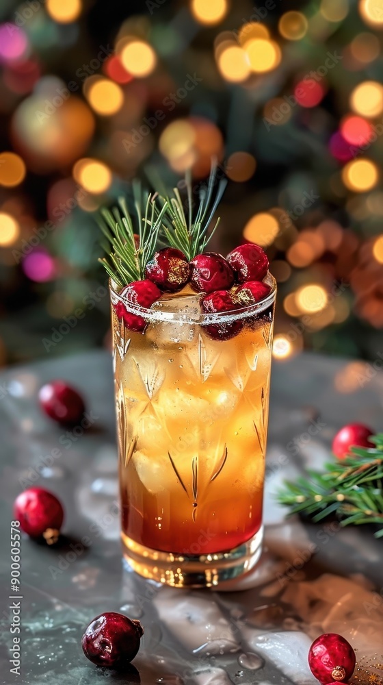 A festive cocktail adorned with cranberries and rosemary, perfect for holiday celebrations and gatherings. A festive cocktail adorned with cranberries and rosemary, perfect for holiday celebrations and gatherings.