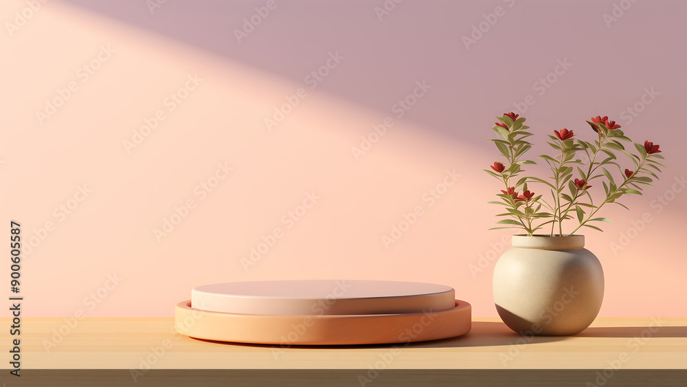 Minimalist product display on layered podium with earthy vase and floral accents in soft sunlight Minimalist product display on layered podium with earthy vase and floral accents in soft sunlight