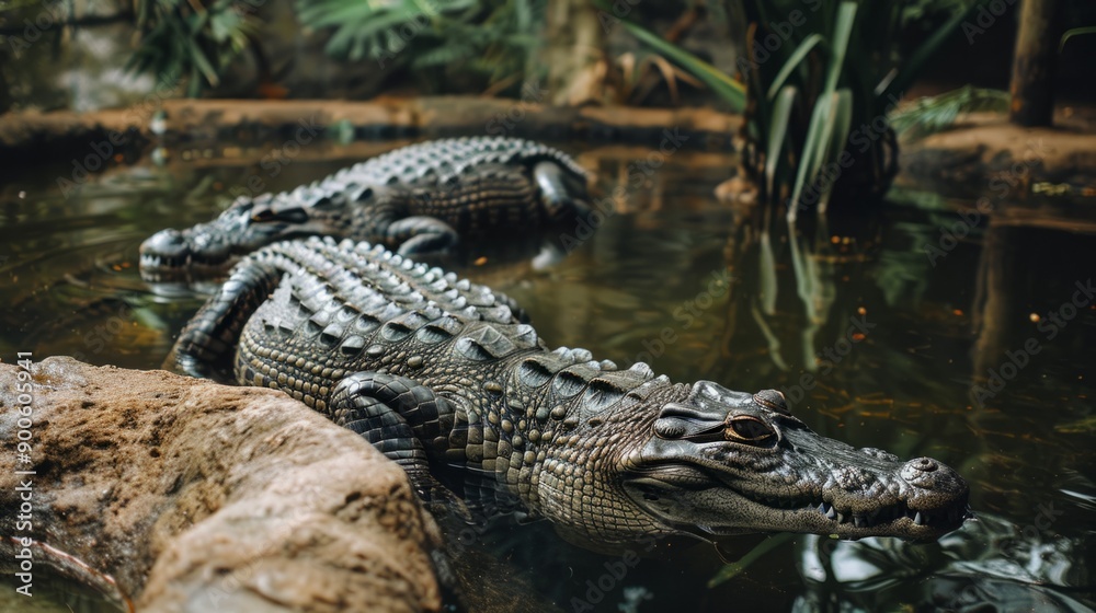 Obraz premium Two alligators are swimming in a pond
