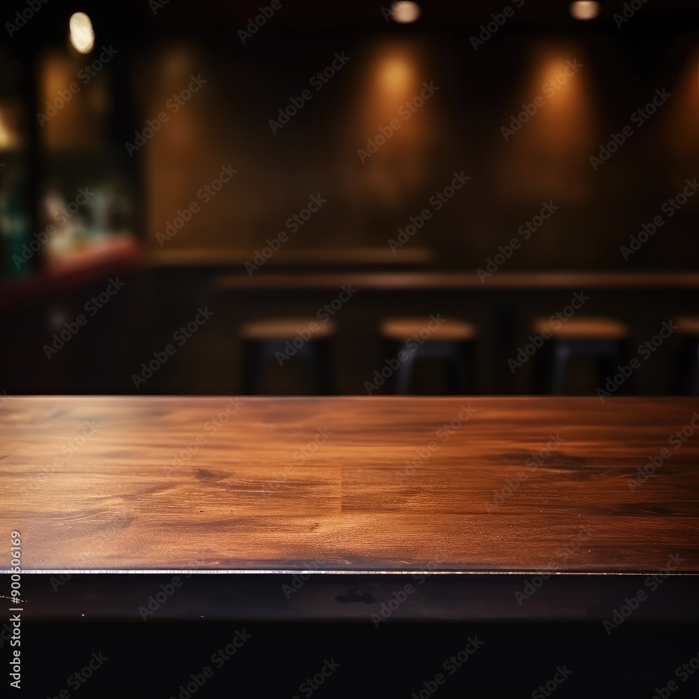 Empty wooden bar table with blurred background in a dimly lit modern bar or pub, ready for product display or text overlay. Empty wooden bar table with blurred background in a dimly lit modern bar or pub, ready for product display or text overlay.