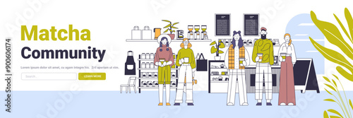 Cafe scene with diverse people holding drinks standing in front of shelves with jars and plants modern flat design community theme