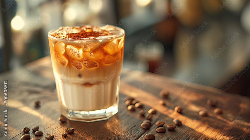 A glass of iced coffee with milk and cinnamon on a wooden table, coffee beans scattered around, with soft bokeh lights in the background of a cozy café

