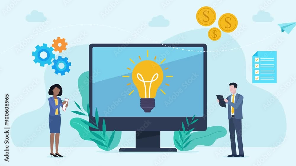 A monitor with a light bulb. Next to the monitor are employees taking notes and analyzing data. Around the monitor are icons of a document with a checklist, coins, and gears. 2D flat design animation A monitor with a light bulb. Next to the monitor are employees taking notes and analyzing data. Around the monitor are icons of a document with a checklist, coins, and gears. 2D flat design animation