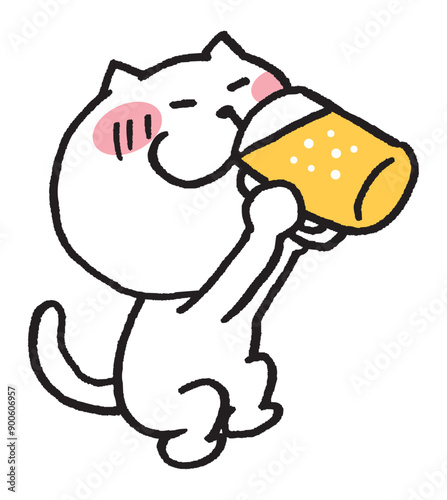 お酒を飲む目が細いかわいい白猫のキャラ素材