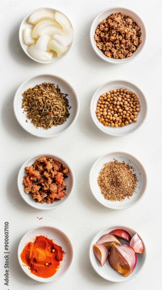 Variety of spices and ingredients arranged in bowls, showcasing vibrant colors and textures, perfect for culinary presentations. Variety of spices and ingredients arranged in bowls, showcasing vibrant colors and textures, perfect for culinary presentations.