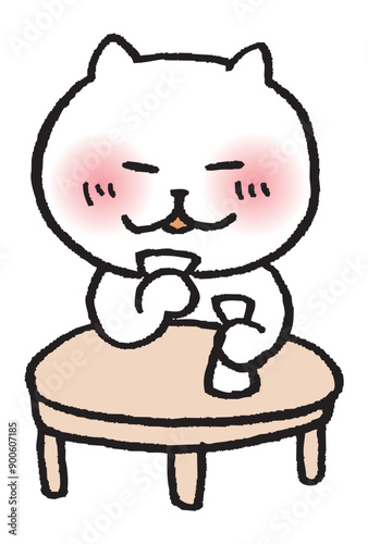 お酒を飲む目が細いかわいい白猫のキャラ素材