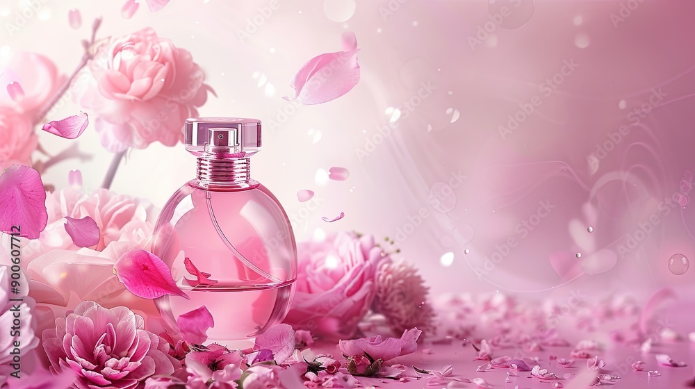 Beautiful Pink Perfume Bottle Surrounded by Delicate Floral Arrangements in Soft Light Beautiful Pink Perfume Bottle Surrounded by Delicate Floral Arrangements in Soft Light