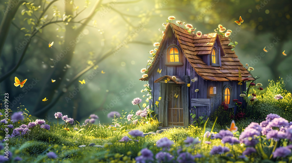 Enchanting 3D Cartoon Purple Hut in Sunlit Meadow with Butterflies - Copy Space for Text - Dreamlike Fairytale Scene Enchanting 3D Cartoon Purple Hut in Sunlit Meadow with Butterflies - Copy Space for Text - Dreamlike Fairytale Scene