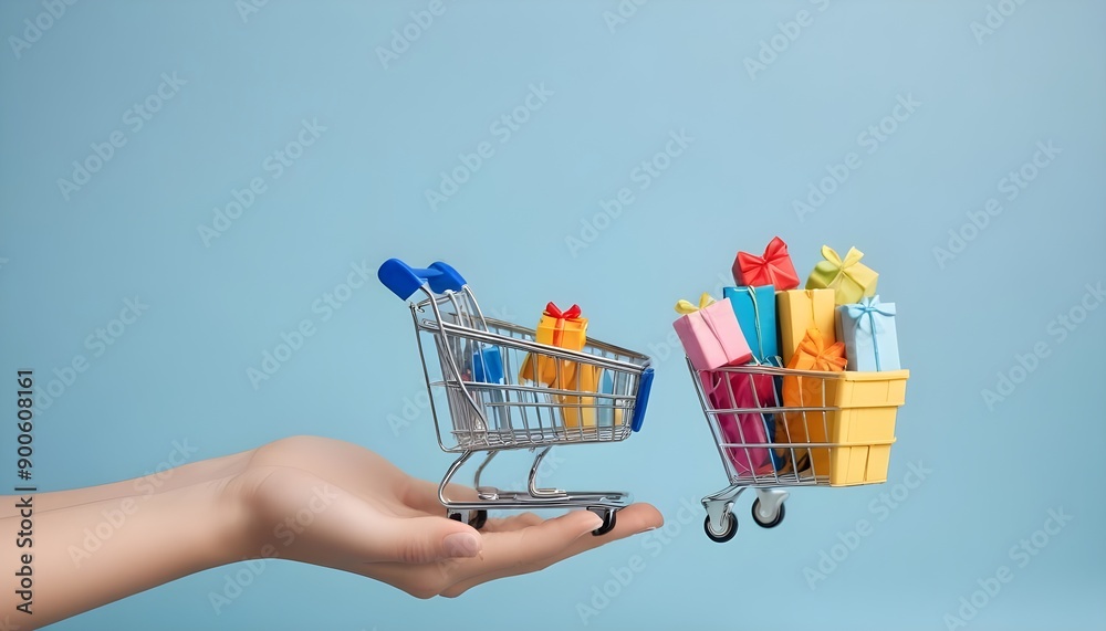 Toy shopping cart with boxes in female hand over blue background. Copy space for text or design. Ssale, discount, shopaholism concept. Consumer society trend Toy shopping cart with boxes in female hand over blue background. Copy space for text or design. Ssale, discount, shopaholism concept. Consumer society trend