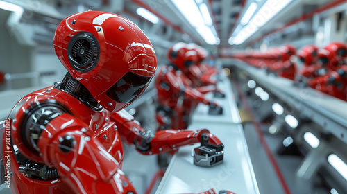 The Red Assembly Line: A futuristic vision of automation, featuring a row of sleek, red robots working in unison on an assembly line, showcasing the efficiency and precision of AI-powered manufacturin photo