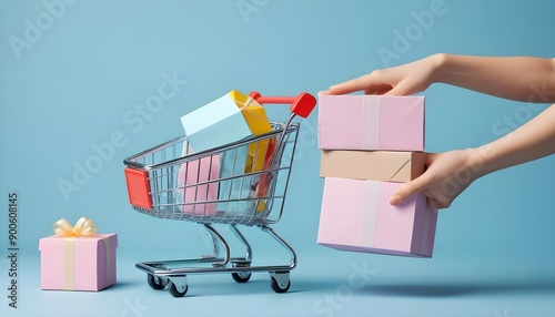 Toy shopping cart with boxes in female hand over blue background. Copy space for text or design. Ssale, discount, shopaholism concept. Consumer society trend photo