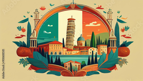 vintage card showing important tourist buildings of italy