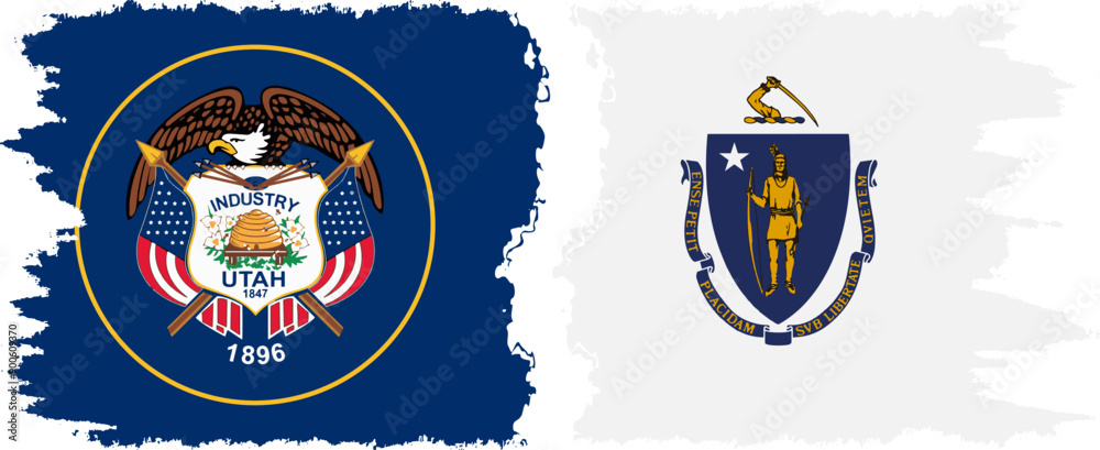 Fototapeta premium Massachusetts and Utah states grunge brush flags connection, vector